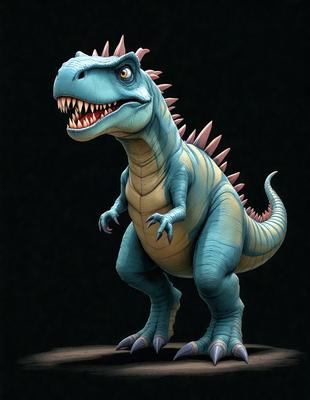 The primary subject of the image is a blue and white dinosaur statue. The setting is a dark background, which highlights the statue. The visual style is a digital art or illustration, showcasing the intricate details of the dinosaur. The colors and mood of the image are predominantly dark, with the blue and white dinosaur statue standing out as the focal point.