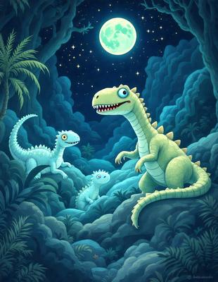 The image features a group of three dinosaurs, including a large green one and two smaller ones, standing in a forest at night. The dinosaurs are positioned close to each other, with one of them sitting on a rock. The scene is set against a backdrop of a moonlit sky, creating a serene and mysterious atmosphere. The visual style of the image is a combination of digital art and illustration, giving it a unique and captivating appearance.