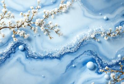 The primary subject of the image is a blue and white flowery background. The setting is a blue and white ocean, with a snowy surface. The visual style is a digital art, illustration, or drawing. The dominant colors are blue and white, creating a serene and calming atmosphere.