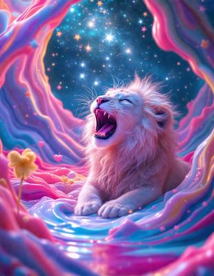 The primary subject of the image is a lion, which is the main object, scene, or focus of the image. The lion is sitting on a pink and blue background, which is the setting or backdrop of the image. The visual style of the image is digital art, as it is a digital illustration of a lion. The colors and mood of the image are predominantly pink and blue, creating a vibrant and lively atmosphere.
