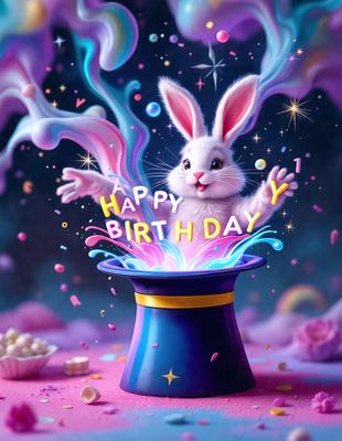 The primary subject of the image is a cute bunny rabbit, which is the main focus of the scene. The bunny is standing inside a magical, colorful, and sparkling birthday cake, creating a whimsical and festive atmosphere. The visual style of the image is a combination of digital art and illustration, with the bunny and cake being the main elements of the composition. The colors and mood of the image are predominantly pink and purple, which are associated with birthdays and celebrations.
