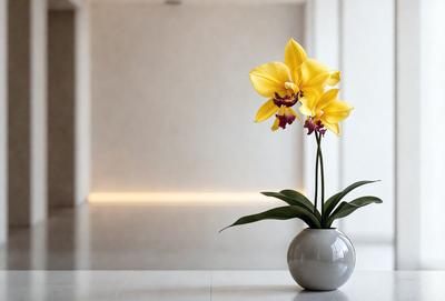The primary subject of the image is a vase filled with yellow and purple flowers. The vase is placed on a table, and the flowers are the main focus of the scene. The setting appears to be indoors, with a white wall in the background. The visual style of the image is a photo, capturing the beauty of the flowers and the vase. The colors of the flowers are predominantly yellow and purple, creating a warm and inviting atmosphere.