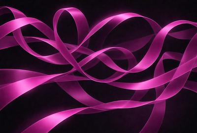 The primary subject of the image is a purple ribbon or curly pink ribbon, which is the main focus of the image. The ribbon is wavy and appears to be floating in the air. The setting is a dark background, which contrasts with the bright pink ribbon. The visual style of the image is a close-up of the ribbon, showcasing its texture and details. The colors and mood of the image are predominantly pink, creating a sense of warmth and elegance.