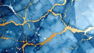 The primary subject of the image is a blue and gold marbled wall. The setting is a room with a blue and gold marbled wall as the main focus. The visual style is a close-up of the marbled wall, showcasing its intricate design. The colors and mood of the image are predominantly blue and gold, creating a luxurious and elegant atmosphere.