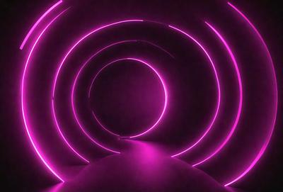 The primary subject of the image is a large, pink, circular tunnel. The tunnel is illuminated by a purple light, creating a unique and visually striking scene. The setting is a dark room, which contrasts with the bright pink and purple lighting. The visual style of the image is a combination of digital art and illustration, giving it a futuristic and surreal appearance. The dominant colors in the image are pink and purple, creating a warm and inviting atmosphere.