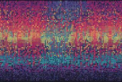 The primary subject of the image is a colorful, abstract pattern. The setting is a colorful, digital art background. The visual style is a combination of digital art and illustration. The dominant colors are a mix of blue, green, and yellow, creating a vibrant and lively atmosphere.