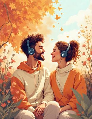 The primary subject of the image is a man and a woman sitting together, both wearing headphones. They are smiling and enjoying their time together. The setting is a forest, with trees and leaves visible in the background. The visual style is a colorful, whimsical illustration, creating a warm and inviting atmosphere.