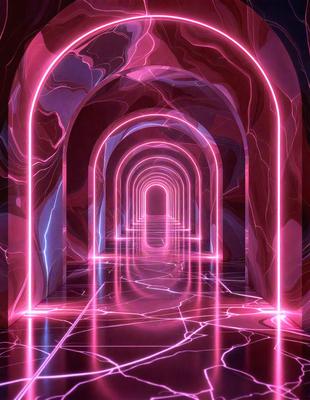 The primary subject of the image is a long, narrow hallway with a pink lighting effect. The hallway is lined with pink walls and has a patterned floor. The setting is a futuristic, underground environment. The visual style is a combination of photo and digital art, creating a unique and captivating atmosphere. The dominant colors are pink and purple, giving the scene a warm and inviting mood.