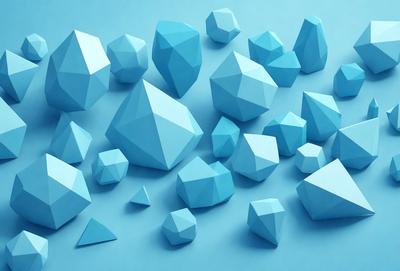 The primary subject of the image is a collection of blue geometric shapes, which are arranged in a visually appealing manner. The setting is a blue background, which provides a contrasting and complementary color to the shapes. The visual style of the image is a combination of digital art and illustration, as the shapes are created using a computer program or digital drawing tool. The dominant colors in the image are blue and white, giving the scene a clean and modern appearance.