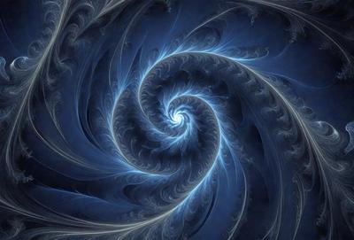 The primary subject of the image is a spiral pattern, which is the main object, scene, or focus of the image. The spiral pattern is set against a blue background, creating a visually striking contrast. The image is a digital art piece, showcasing the artist's skill in creating intricate and detailed designs. The overall atmosphere of the image is one of beauty and complexity, with the spiral pattern serving as a captivating centerpiece.