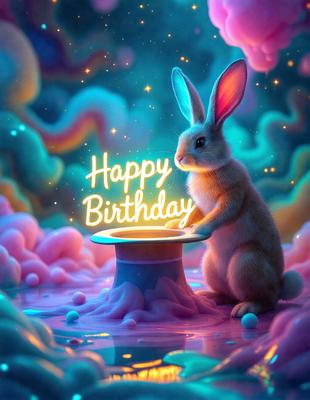 The primary subject of the image is a bunny rabbit sitting on a purple and pink surface, which appears to be a magical or whimsical setting. The visual style of the image is digital art, as it is a colorful and vibrant illustration. The colors and mood of the image are predominantly purple and pink, creating a warm and inviting atmosphere.