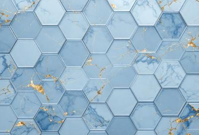 The primary subject of the image is a blue and gold marble tile pattern. The setting is a blue and gold marble tile wall, which serves as the background. The visual style is a close-up of the tile pattern, showcasing the intricate details of the marble. The colors and mood of the image are predominantly blue and gold, creating a luxurious and elegant atmosphere.