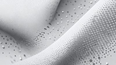 The primary subject of the image is a white, patterned surface with a lot of dots. The setting appears to be a white room, and the visual style is a combination of photo and digital art. The dominant colors are white and grey, creating a clean and minimalist atmosphere.