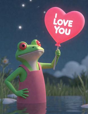 The primary subject of the image is a green frog holding a pink heart-shaped balloon. The setting is a grassy area with a body of water in the background. The visual style is a combination of digital art and illustration, creating a whimsical and playful atmosphere. The dominant colors are green, pink, and white, with the green frog and pink heart-shaped balloon being the main focus of the image.