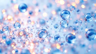 The primary subject of the image is a close-up of a blue background with a pattern of bubbles. The setting is a brightly lit environment, possibly a studio or a stage. The visual style is a combination of a photo and digital art, creating a unique and eye-catching effect. The dominant colors are blue and white, with the blue background and the white bubbles, which contribute to a calming and serene atmosphere.