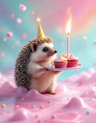 The primary subject of the image is a small hedgehog holding a plate with two cupcakes on it. The setting is a pink background, which adds a playful and whimsical touch to the scene. The visual style is a combination of photo and digital art, creating a unique and charming illustration. The colors are predominantly pink, which contributes to the overall mood of the image, making it feel warm, friendly, and inviting.
