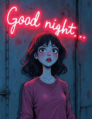 The primary subject of the image is a woman with long hair, wearing a pink shirt. She is standing in front of a wall with a neon sign that reads "Good Night." The setting appears to be a dark room, and the visual style is a digital art or illustration. The colors in the image are predominantly pink, which gives the scene a warm and cozy atmosphere.
