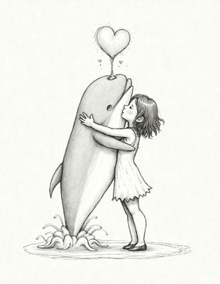 The primary subject of the image is a young girl hugging a dolphin. The setting is a water environment, with the girl and the dolphin standing in the water. The visual style is an illustration or drawing, with the girl and the dolphin depicted in a cartoon-like manner. The colors and mood of the image are bright and cheerful, with the girl and the dolphin appearing happy and playful.