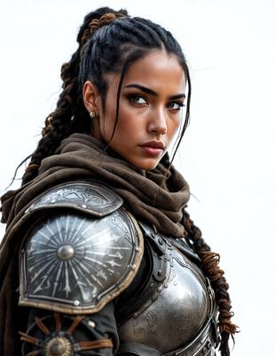 The primary subject of the image is a woman wearing a metal armor, with a brown and gold color scheme. She is looking directly at the camera, and her hair is in a ponytail. The setting is a white background, which provides a clean and minimalistic look to the image. The visual style is a combination of digital art and illustration, creating a unique and eye-catching portrait. The colors and mood of the image are warm and bold, with the woman's armor and the overall composition evoking a sense of strength and confidence.