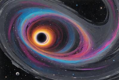 The primary subject of the image is a large, colorful, and swirling black hole. The setting is a space background, with the black hole being the main focus of the image. The visual style is a combination of digital art and illustration, creating a vibrant and dynamic scene. The dominant colors are black, purple, and blue, giving the image a dramatic and intense atmosphere.