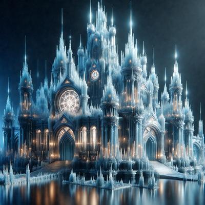The primary subject of the image is a large, intricate, and ornate castle with a clock tower. The setting is a dark, moody environment, which adds to the overall atmosphere. The visual style of the image is digital art, as it appears to be a computer-generated or digitally manipulated image. The colors and mood of the image are predominantly dark and dramatic, with the castle and its surroundings being the main focus.