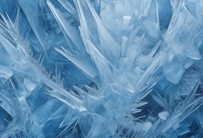 The primary subject of the image is a large, blue, and clear crystal. The setting is a blue background, which creates a striking contrast with the crystal. The visual style is a close-up of the crystal, showcasing its unique and intricate structure. The colors and mood of the image are predominantly blue, giving it a calm and serene atmosphere.