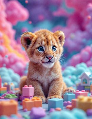 The primary subject of the image is a small lion cub sitting on a pink surface. The setting is a colorful, playful environment with a mix of pink, blue, and purple colors. The visual style appears to be a combination of photo and digital art, creating a vibrant and lively atmosphere. The colors and mood of the image are cheerful and inviting, with the lion cub being the focal point of the scene.