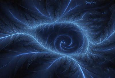 The primary subject of the image is a blue spiral pattern, which appears to be a digital art or illustration. The setting is a dark blue background, creating a moody atmosphere. The visual style suggests that the image is a creative and artistic representation of a spiral, possibly inspired by nature or abstract concepts. The colors and mood convey a sense of depth and intricacy, inviting the viewer to explore the spiral pattern further.
