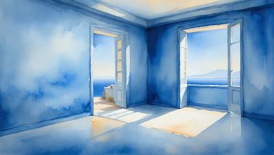 The primary subject of the image is a blue doorway with a blue wall behind it. The setting is a room with a window, and the visual style is a painting. The dominant colors are blue, and the overall atmosphere is calm and serene.