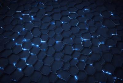 The primary subject of the image is a blue, hexagonal pattern. The setting is a dark background, which contrasts with the blue pattern. The visual style is a digital art or illustration, as the pattern appears to be a part of a larger design. The colors and mood of the image are predominantly blue, creating a calm and serene atmosphere.