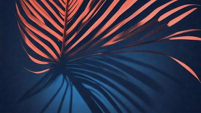The primary subject of the image is a large palm leaf, which is prominently displayed in the foreground. The setting is a dark blue background, which contrasts with the vibrant red and orange hues of the palm leaf. The visual style of the image is a close-up of the palm leaf, showcasing its intricate details. The colors and mood of the image are lively and energetic, with the bold red and orange tones of the palm leaf standing out against the dark blue background.