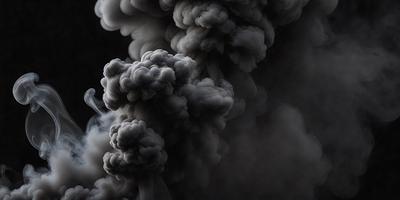 The primary subject of the image is a large, dark cloud of smoke or ash, which appears to be billowing upwards. The setting is a dark sky, and the visual style is a black and white photo. The colors and mood of the image are dramatic and intense, as the smoke cloud dominates the scene and creates a sense of mystery or danger.