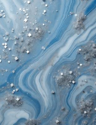 The primary subject of the image is a blue and white swirling pattern, which appears to be a digital art or illustration. The setting is a blue and white marbled surface, possibly a wall or a table. The visual style is a combination of digital art and illustration, creating a unique and eye-catching design. The colors and mood of the image are predominantly blue and white, giving it a calm and soothing atmosphere.