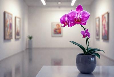 The primary subject of the image is a potted plant with a purple flower in a vase. The plant is placed on a table, and the vase is positioned on a shelf. The setting appears to be a room with a white wall, and the visual style is a photo. The dominant colors in the image are purple and white, creating a calm and serene atmosphere.