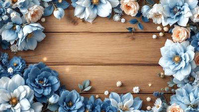 The primary subject of the image is a wooden board with a blue flower pattern on it. The setting is a wooden surface, and the visual style appears to be a combination of photo and digital art. The dominant colors are blue and white, creating a calm and serene atmosphere.