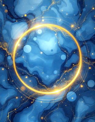 The primary subject of the image is a blue circle with yellow stars, which appears to be a digital art or illustration. The setting is a blue background, and the visual style suggests that it is a creative and artistic piece. The dominant colors are blue and yellow, giving the image a vibrant and lively atmosphere.