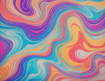 The primary subject of the image is a colorful, swirling pattern that resembles a kaleidoscope. The setting is a wall, and the visual style appears to be a combination of digital art and illustration. The dominant colors in the image are blue, yellow, and orange, creating a vibrant and lively atmosphere.