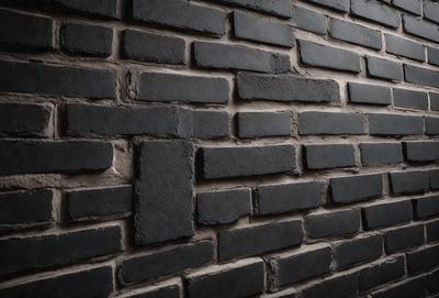 The primary subject of the image is a black brick wall. The setting is a dark room, and the visual style is a close-up of the brick wall. The colors and mood of the image are predominantly dark, with the black brick wall being the main focus.