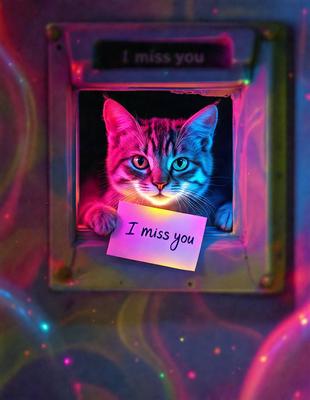 The primary subject of the image is a cat holding a sign that reads "I miss you." The cat is positioned in the foreground, with the sign in its paws. The setting is a room with a colorful background, which adds a vibrant and lively atmosphere to the scene. The visual style appears to be a combination of a photo and digital art, creating a unique and eye-catching image. The dominant colors are pink and blue, which contribute to the overall warm and friendly mood of the image.