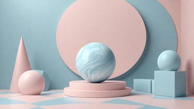 The primary subject of the image is a large, blue, swirly ball placed on a pink pedestal. The setting is a room with a pink background, and the visual style appears to be a combination of photo and digital art. The colors and mood of the image are predominantly pink and blue, creating a sense of calm and tranquility.