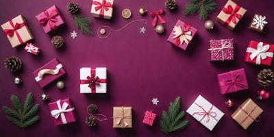 The primary subject of the image is a collection of wrapped presents, which are displayed on a purple surface. The presents are arranged in various positions, creating a visually appealing scene. The setting appears to be a festive or celebratory environment, possibly during the holiday season. The visual style of the image is a combination of photo and digital art, as it captures the essence of the wrapped presents and their arrangement on the purple surface. The colors and mood of the image are predominantly purple and festive, reflecting the joyous atmosphere associated with gift-giving and celebrations.