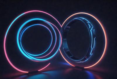 The primary subject of the image is a pair of neon rings, which are blue and pink in color. They are placed on a black surface, creating a striking contrast. The setting appears to be a dark room, with the rings being the main focus of the image. The visual style is a combination of digital art and illustration, as the rings are depicted in a detailed and artistic manner. The colors and mood of the image are vibrant and energetic, with the neon rings emitting a sense of excitement and visual appeal.