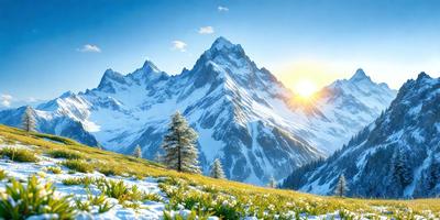 The primary subject of the image is a snow-covered mountain range with a beautiful sunset in the background. The setting is a grassy field with a few trees, creating a serene and picturesque scene. The visual style is a photo, capturing the stunning natural beauty of the mountain range and the warm hues of the sunset. The colors and mood of the image are predominantly cold and tranquil, with the snowy mountains and the gentle glow of the sunset creating a sense of peace and awe.