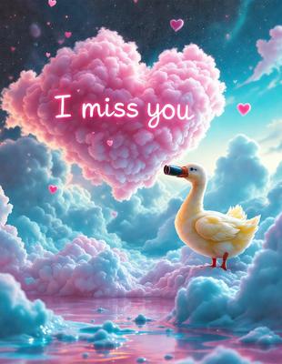 The primary subject of the image is a heart-shaped cloud with the words "I miss you" written on it. The setting is a pink and blue cloudy sky, which adds a whimsical and romantic atmosphere to the scene. The visual style is a digital art or illustration, as the heart-shaped cloud and the words are created with a computer or digital tools. The colors and mood of the image are predominantly pink and blue, conveying a sense of love and longing.