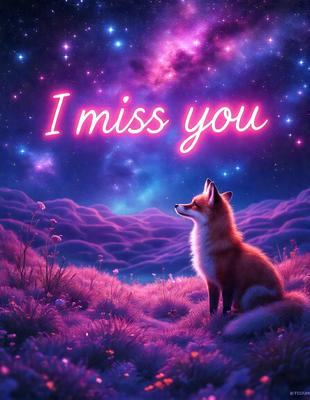 The primary subject of the image is a fox sitting in a field of flowers. The setting is a purple sky with stars, creating a serene and dreamy atmosphere. The visual style is a digital art or illustration, with the fox being the main focus of the scene. The colors and mood are predominantly purple and pink, giving the image a romantic and whimsical feel.