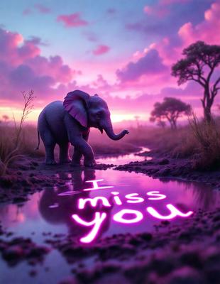 The primary subject of the image is a pink elephant standing in a body of water. The setting is a pink sky, which creates a unique and artistic atmosphere. The visual style appears to be a combination of a photo and digital art, as the elephant is depicted in a surreal and whimsical manner. The colors and mood of the image are predominantly pink, which adds to the overall sense of playfulness and creativity.