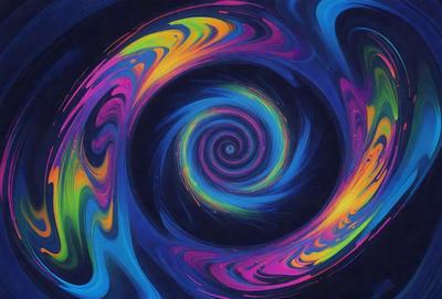 The primary subject of the image is a spiral pattern, which is the main object, scene, or focus of the image. The spiral pattern is set against a black background, creating a striking contrast. The visual style of the image is digital art, as it appears to be a digital illustration or drawing. The dominant colors in the image are blue, purple, and orange, giving the spiral pattern a vibrant and lively appearance.
