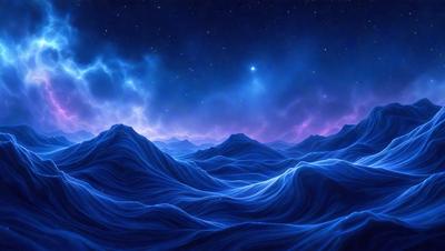 The primary subject of the image is a large body of water, possibly an ocean, with a nighttime sky in the background. The setting appears to be a dark, starry night, with the stars and the moon illuminating the scene. The visual style of the image is a digital art or illustration, creating a serene and peaceful atmosphere. The dominant colors in the image are blue and purple, which are often associated with the night sky and the ocean.