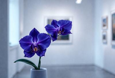 The primary subject of the image is a vase filled with purple orchids. The setting is a white wall, which serves as the background. The visual style is a photo, capturing the beauty of the orchids in a simple yet elegant arrangement. The colors and mood of the image are predominantly purple, creating a serene and calming atmosphere.