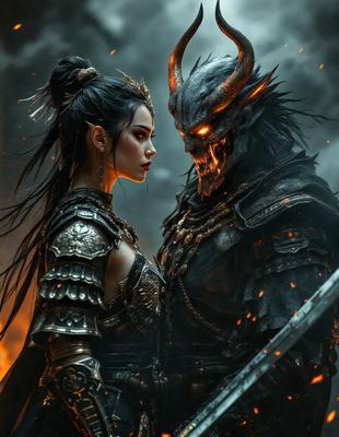 The primary subject of the image is a woman wearing a metal armor, standing next to a demon or a monster. The setting appears to be a dark and eerie environment, possibly a fantasy or horror scene. The visual style of the image is a combination of photo and digital art, creating a unique and intriguing atmosphere. The dominant colors in the image are dark and muted tones, which contribute to the overall mood of the scene.